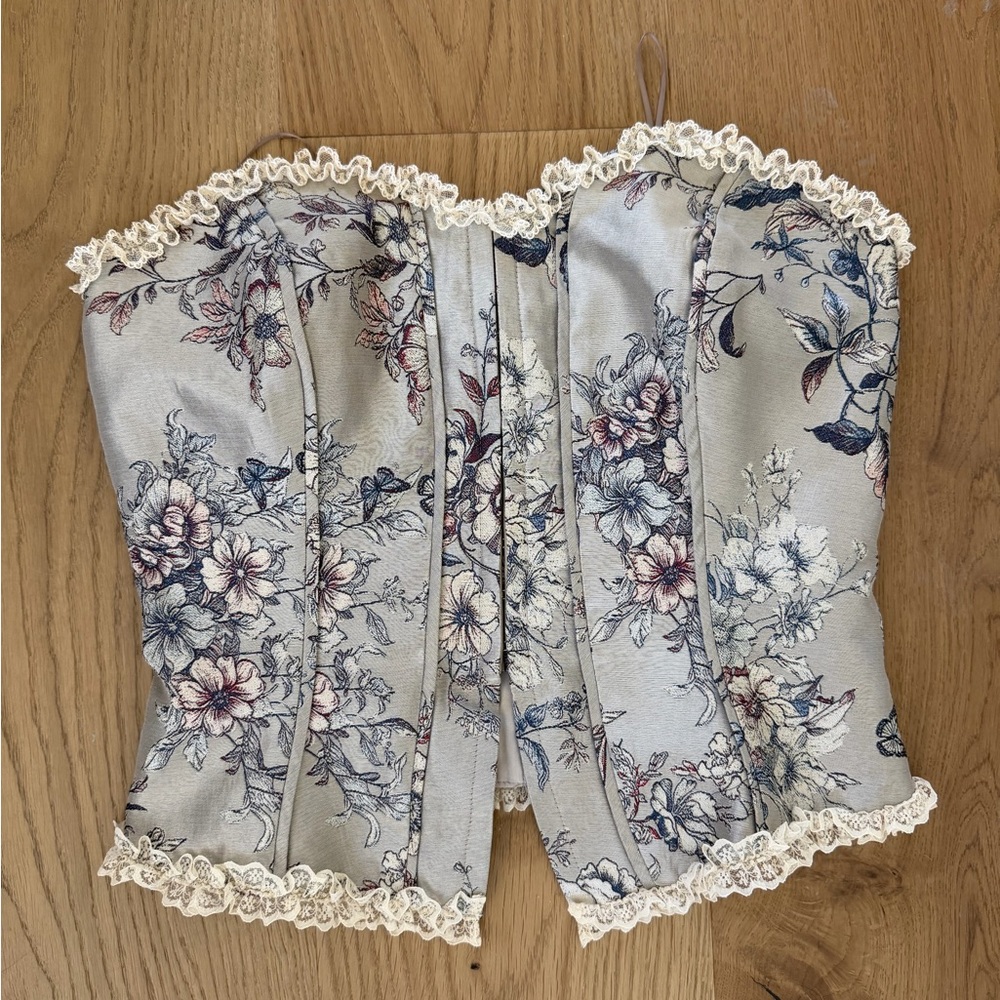 Reformation Idalia Top - Floral Lace Corset - Cream and Blue